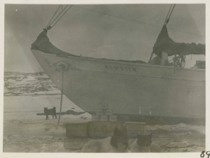 Image of Bow of Bowdoin in winter quarters showing Logan-Johnson jam